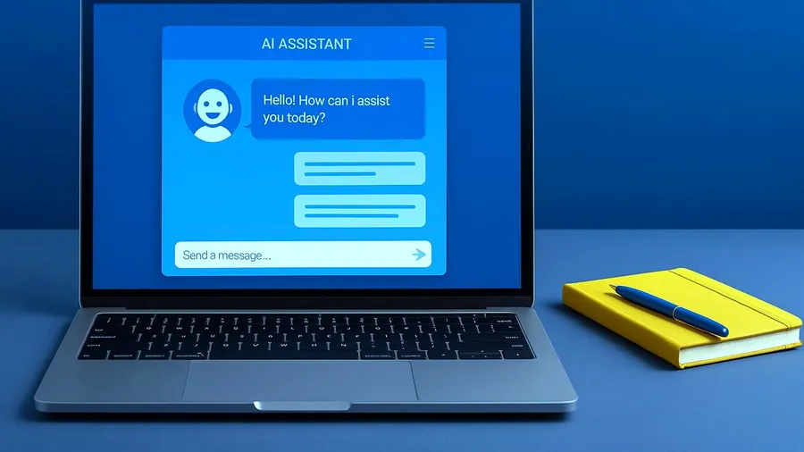 A laptop running an AI assistant conversation beside a yellow notebook