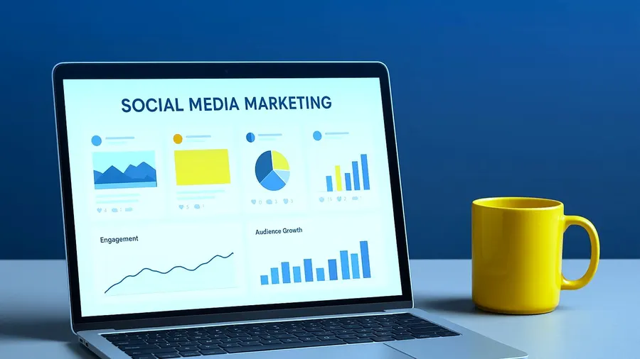 A laptop showing a social media marketing dashboard on a blue desk