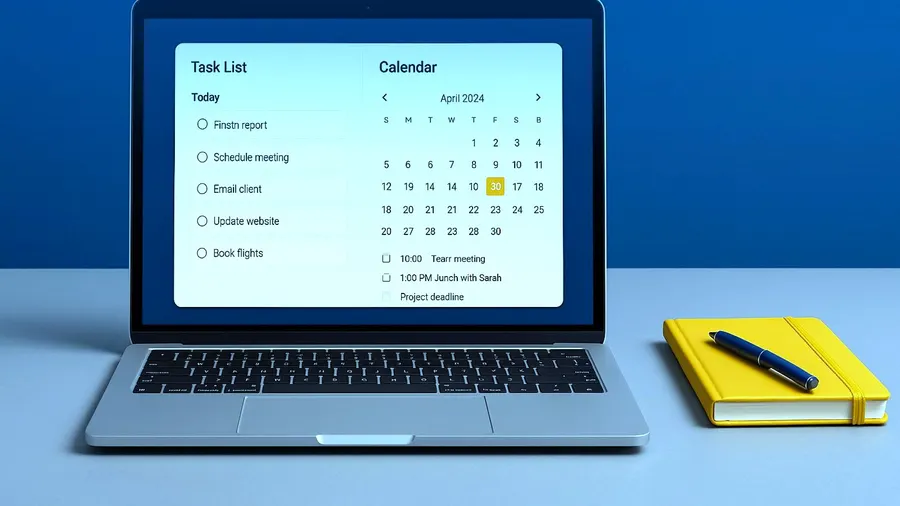 A laptop showing a task list and calendar tool on a blue desk