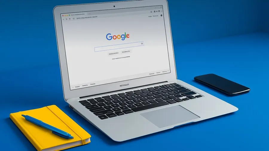 A laptop open on Google search beside a yellow notebook, the Marketing Launchpad workspace
